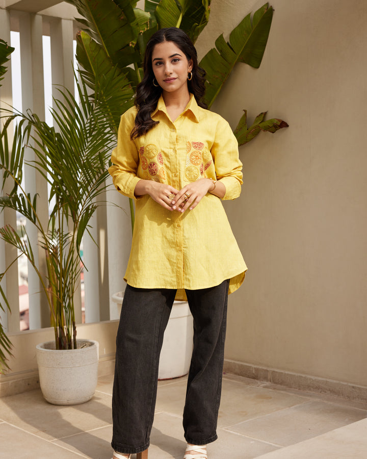 Yellow Embroidered Linen Shirt