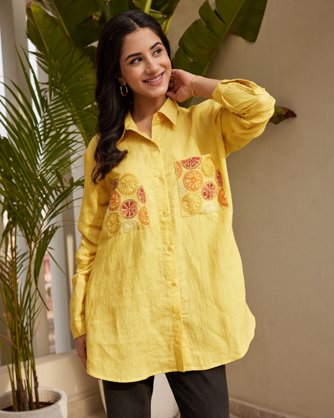 Yellow Embroidered Linen Shirt