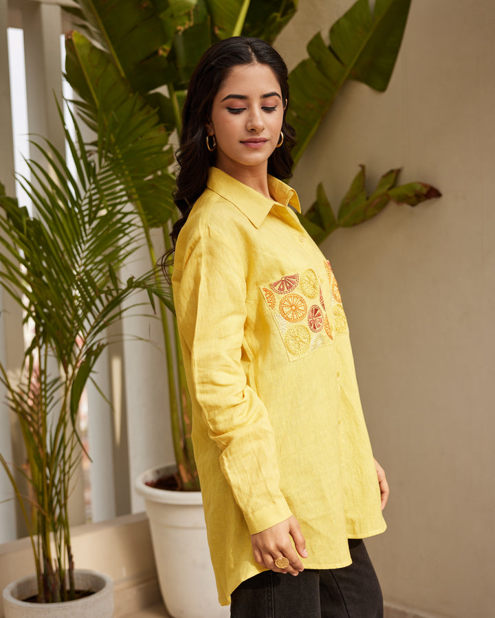 Yellow Embroidered Linen Shirt