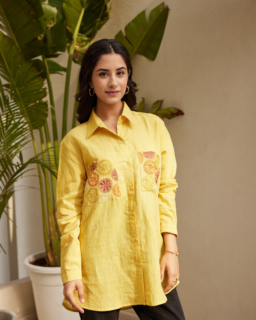 Yellow Embroidered Linen Shirt