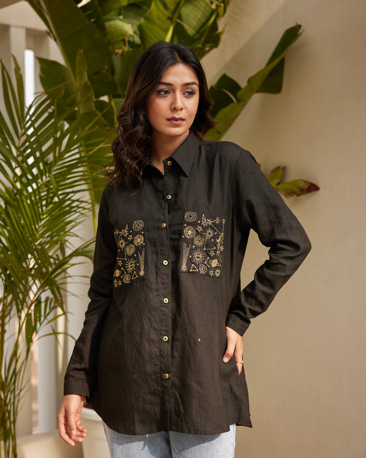 Black Embroidered Linen Shirt