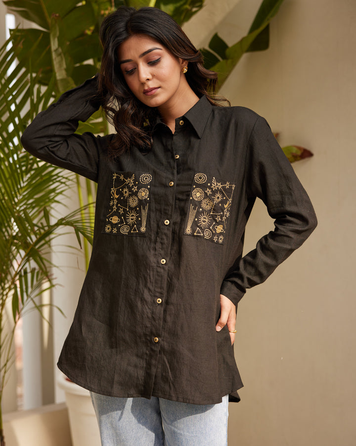 Black Embroidered Linen Shirt