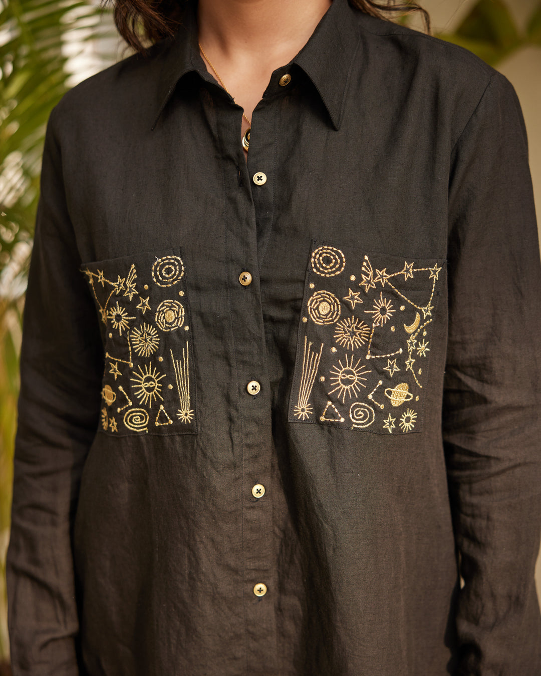 Black Embroidered Linen Shirt