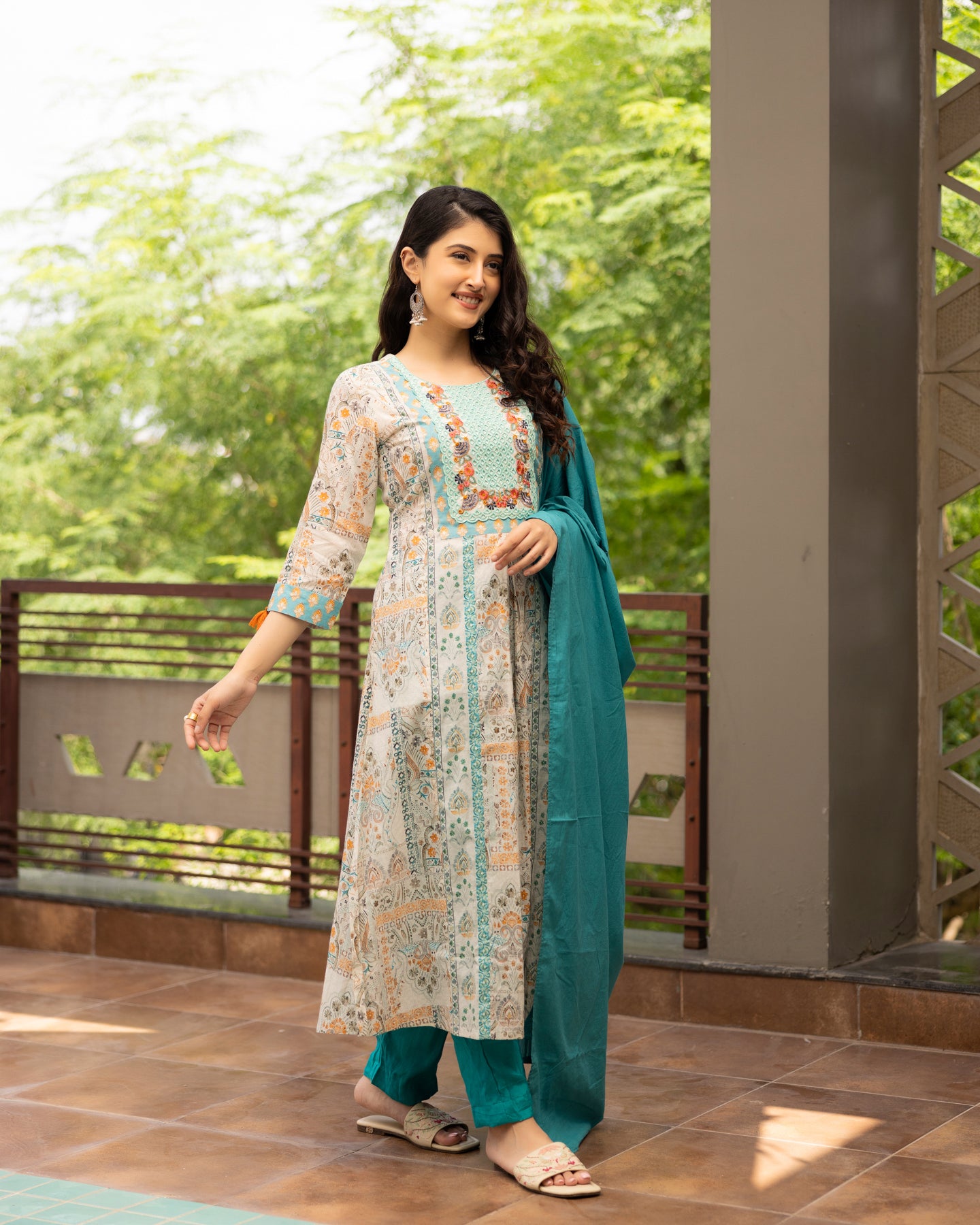 Teal Blue Geometric Printed Suit Set
