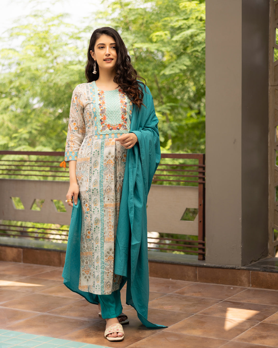 Teal Blue Geometric Printed Suit Set