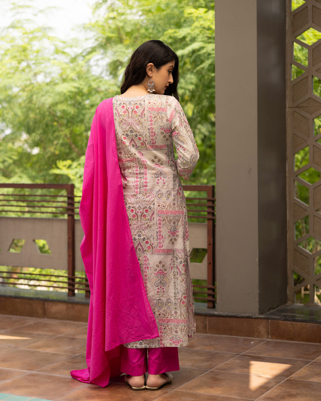 Hot Pink Printed Mulmul Suit Set