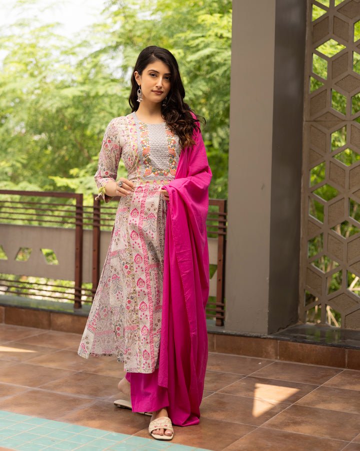 Hot Pink Printed Mulmul Suit Set