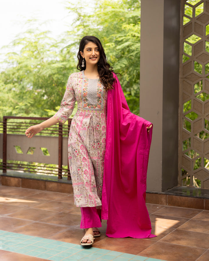 Hot Pink Printed Mulmul Suit Set