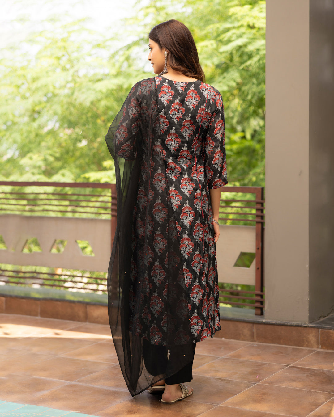 Black Floral Cotton Silk Suit Set