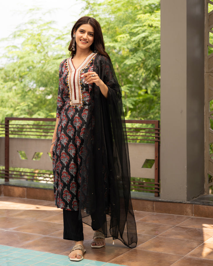 Black Floral Cotton Silk Suit Set