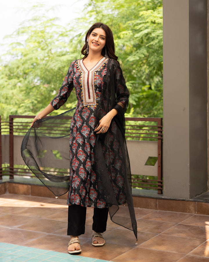 Black Floral Cotton Silk Suit Set