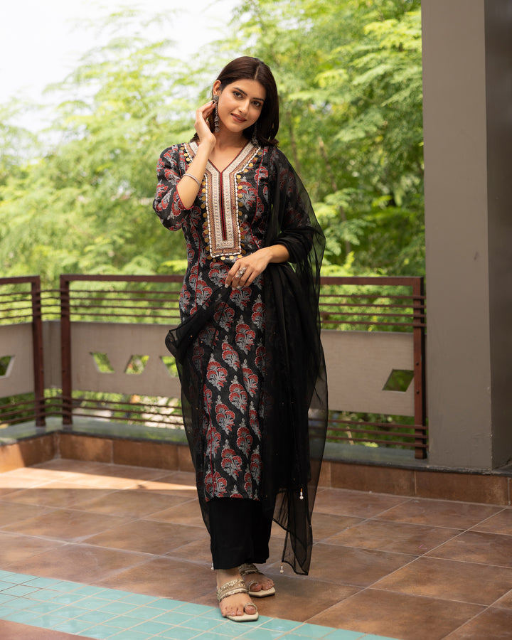 Black Floral Cotton Silk Suit Set