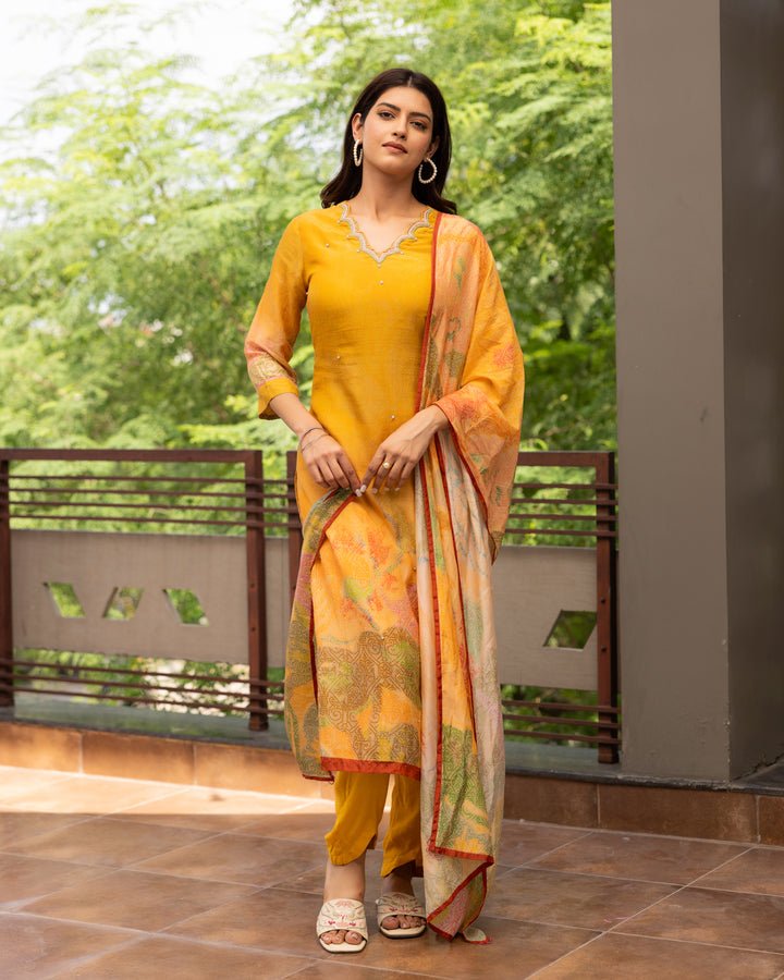 Sunset Bloom Cotton Silk Suit Set