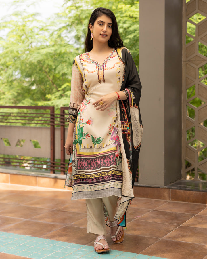 Printed Beige Muslin Suit Set