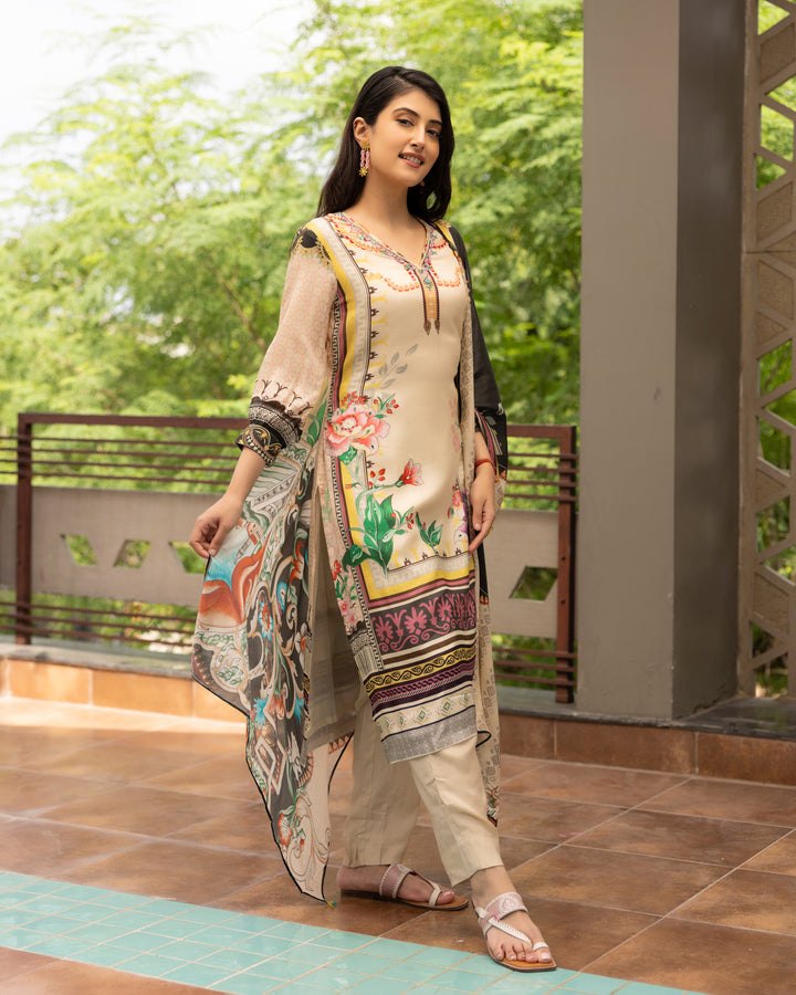 Printed Beige Muslin Suit Set