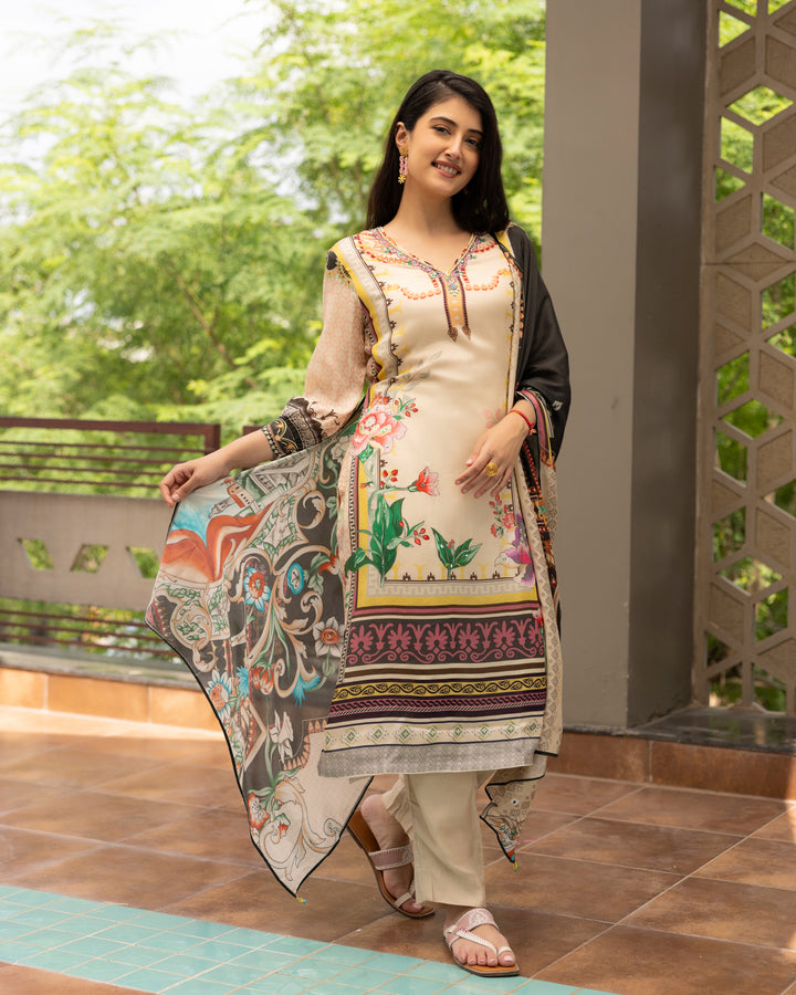 Printed Beige Muslin Suit Set