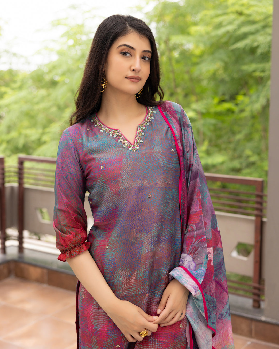 Floral Fusion Cotton Silk Suit Set