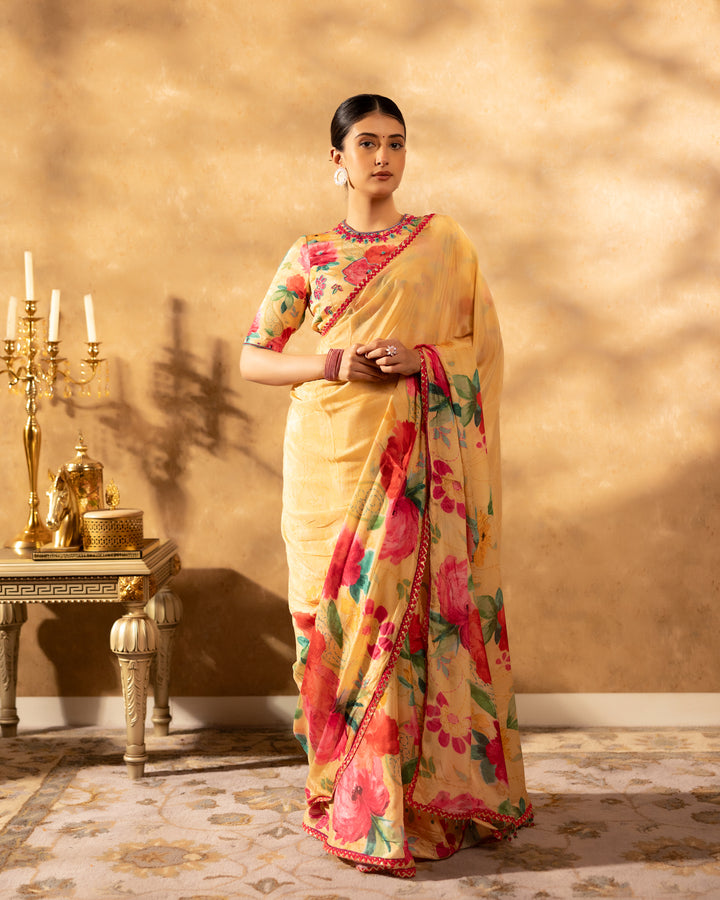 Beige Blossom Chinnon Saree