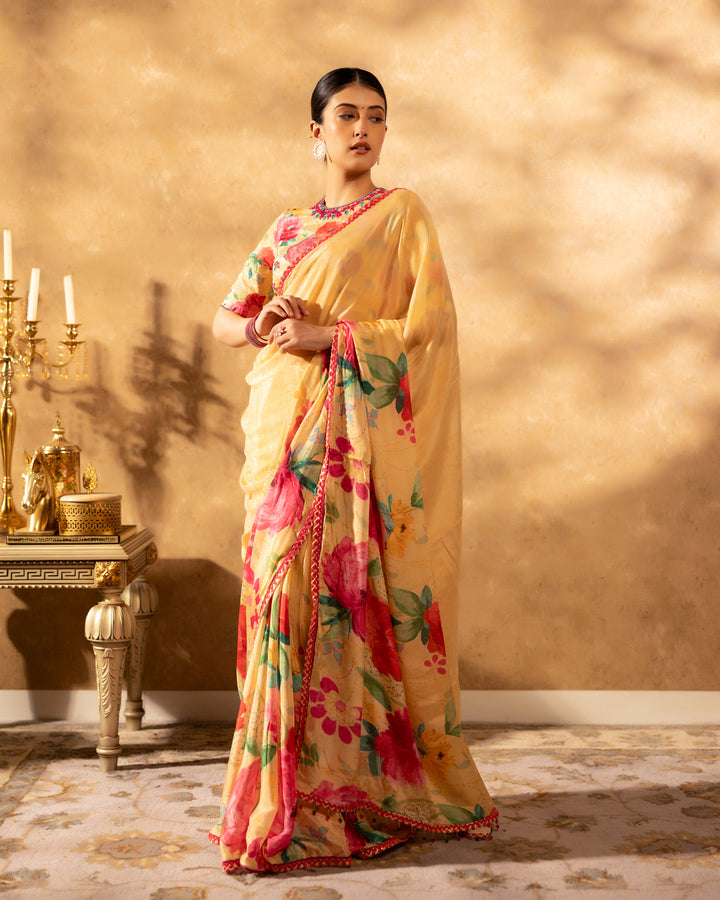 Beige Blossom Chinnon Saree