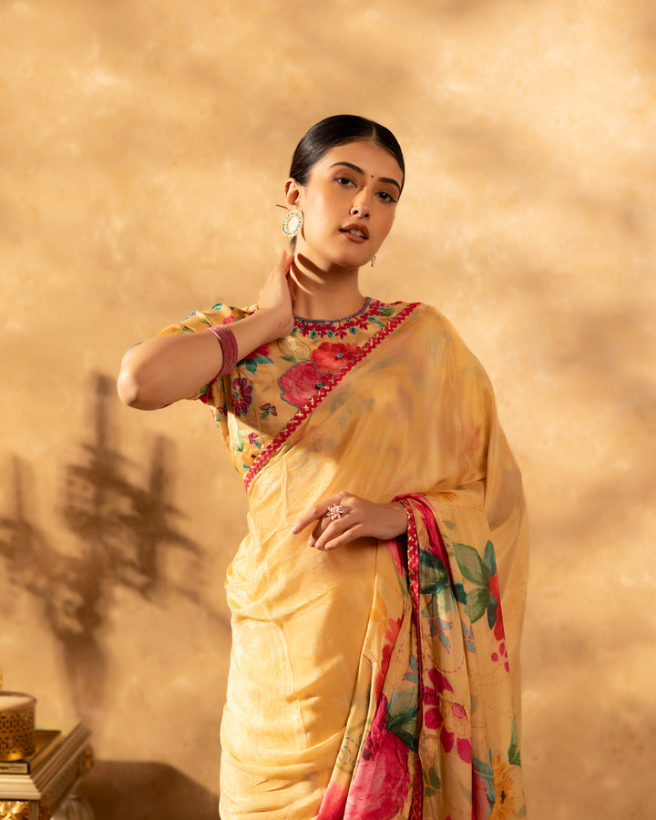 Beige Blossom Chinnon Saree