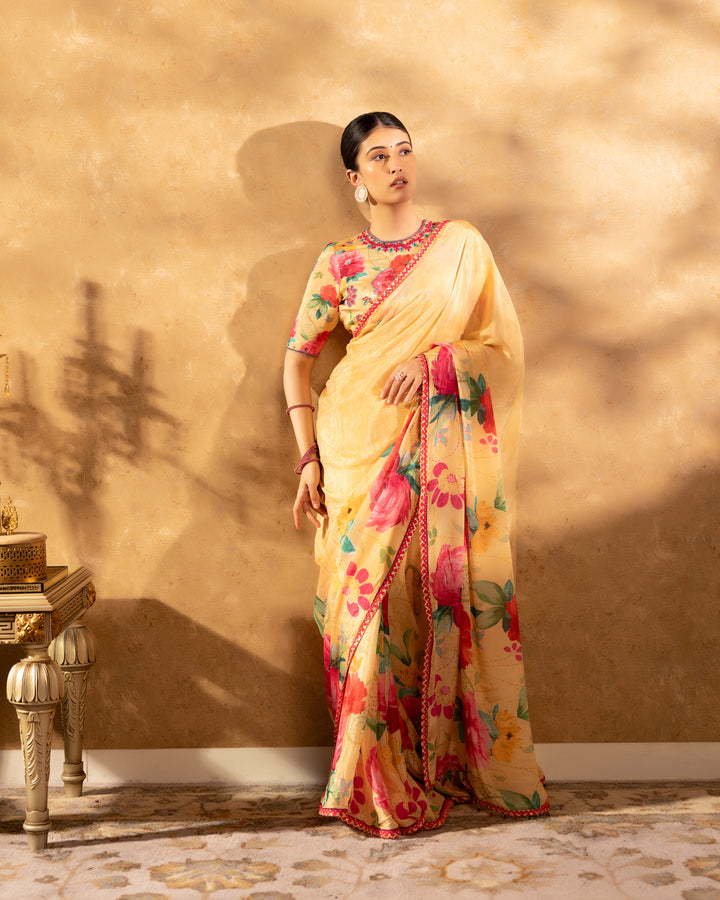 Beige Blossom Chinnon Saree