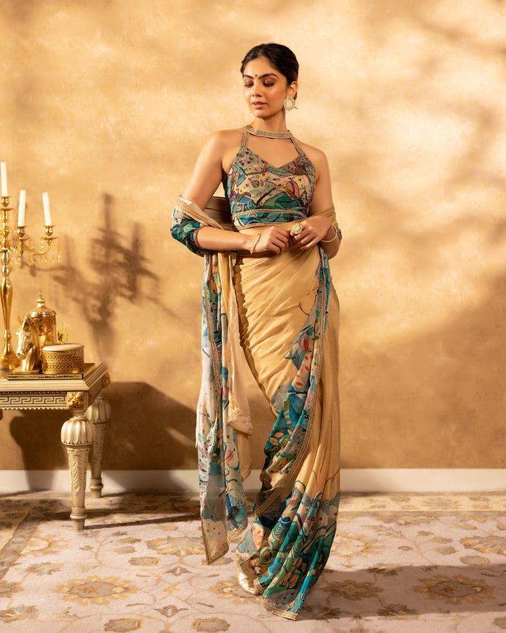 Multicoloul Floral Chinon Saree