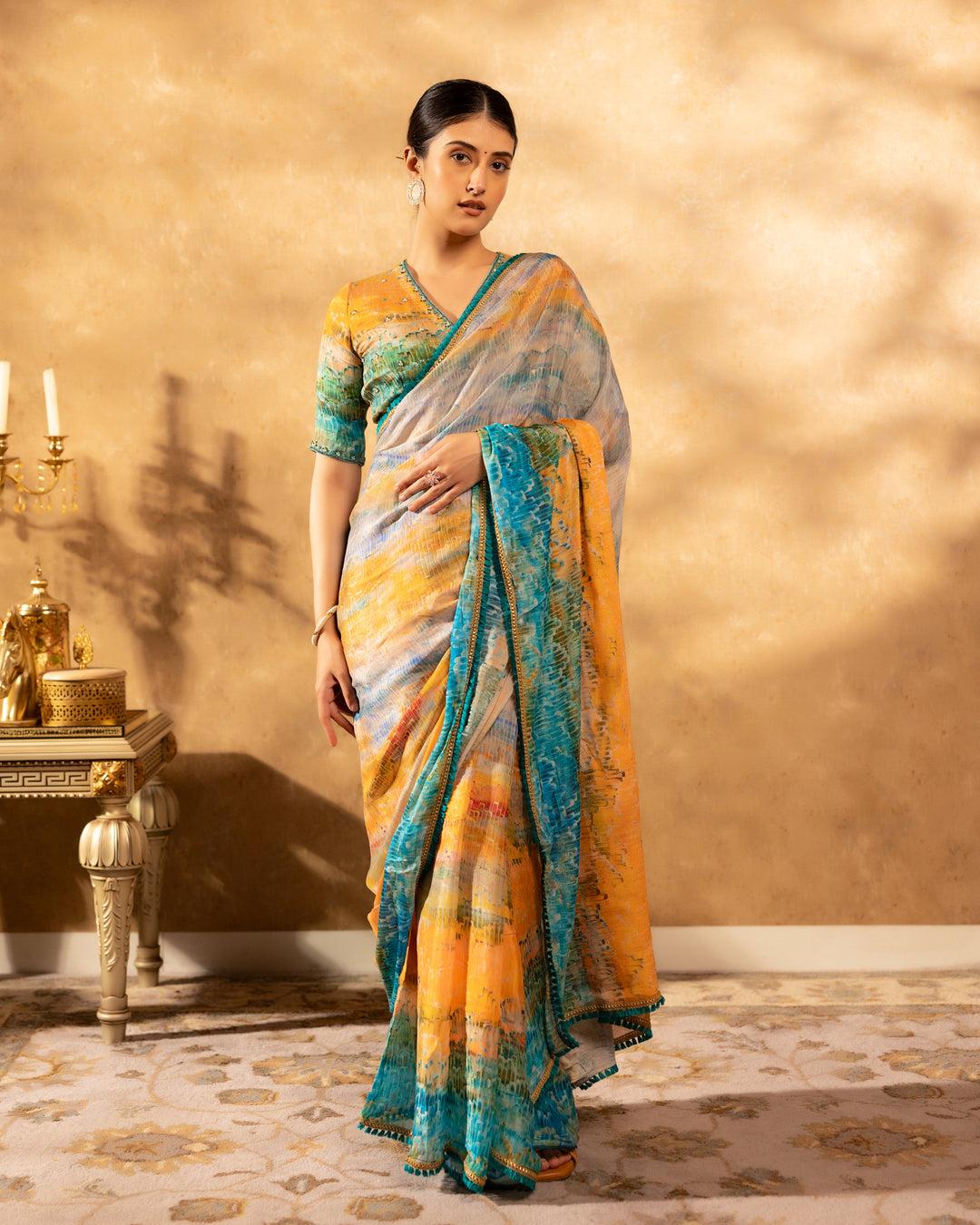 Multicolour Abstract Chinnon Saree