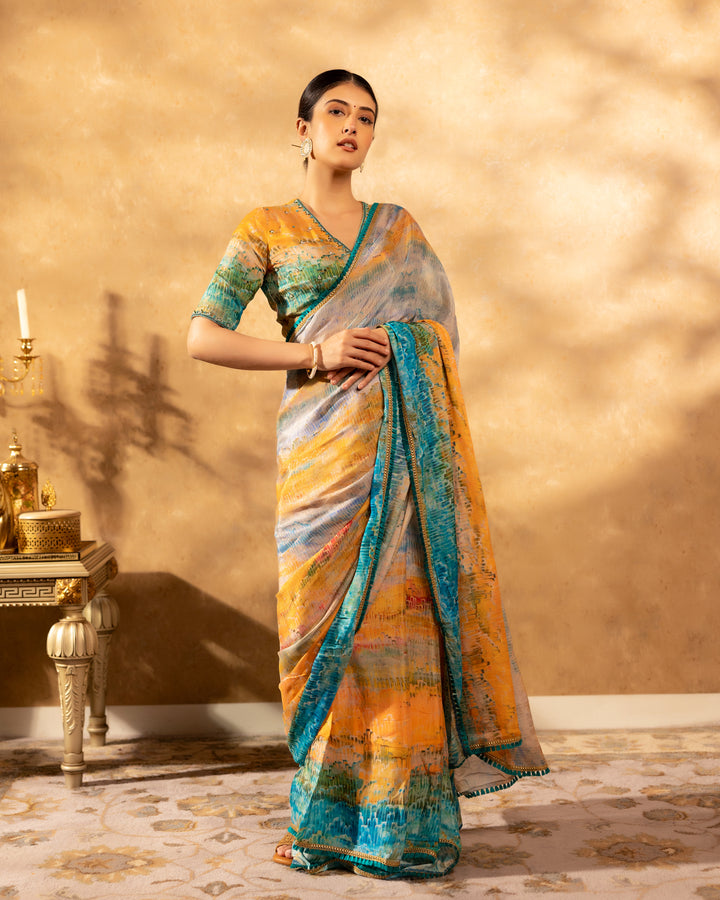 Multicolour Abstract Chinnon Saree