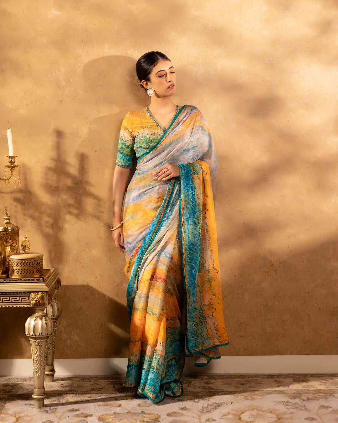 Multicolour Abstract Chinnon Saree