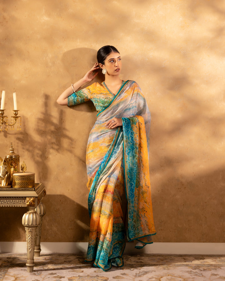 Multicolour Abstract Chinnon Saree