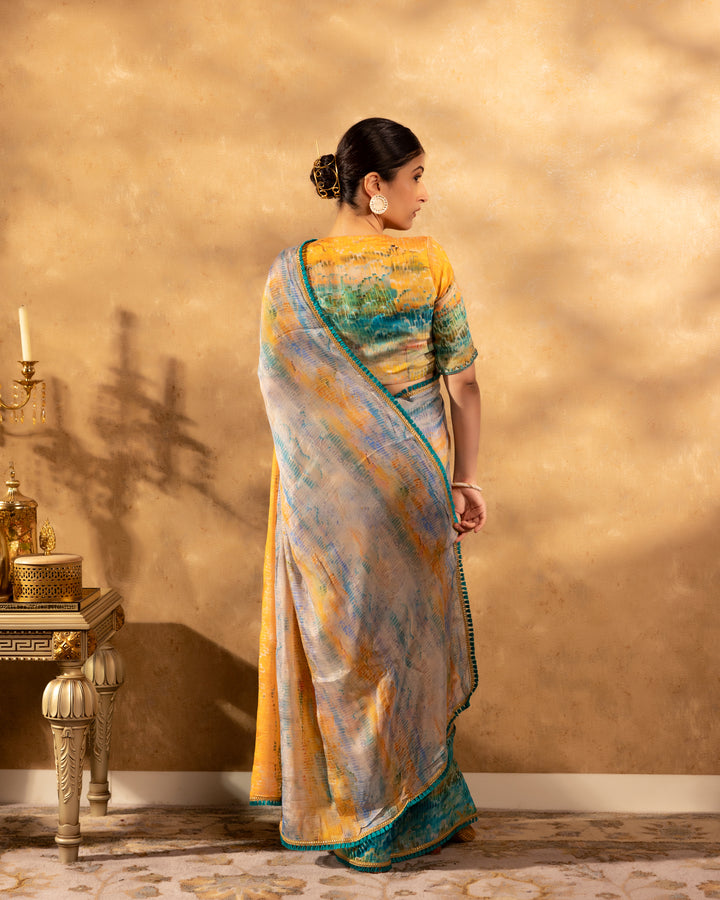 Multicolour Abstract Chinnon Saree