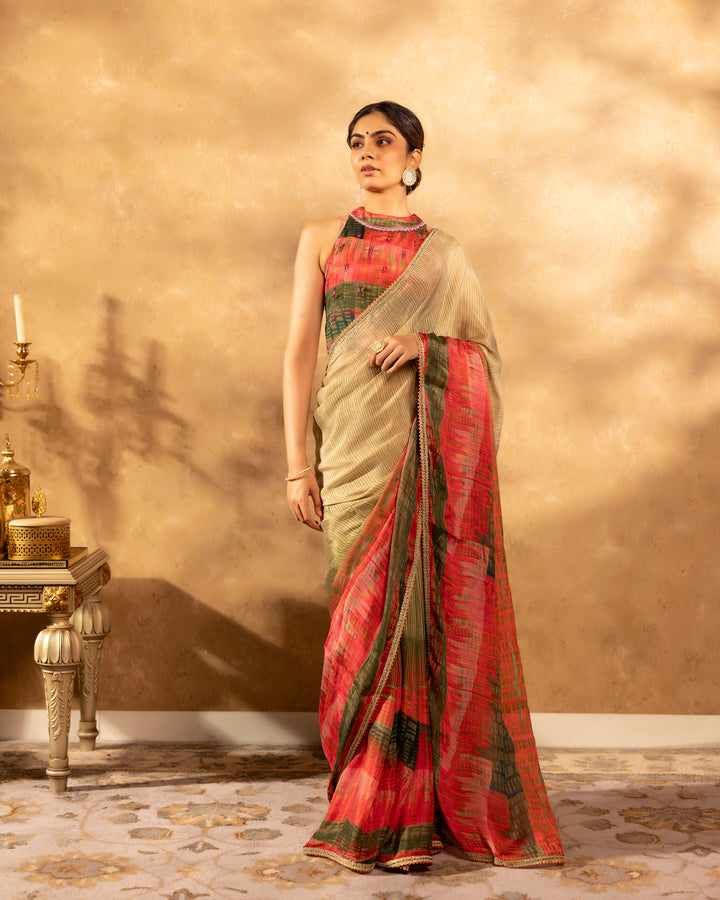 Multicolour Printed Chinnon Saree