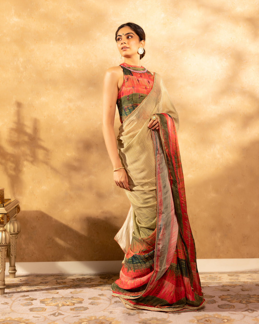 Multicolour Printed Chinnon Saree