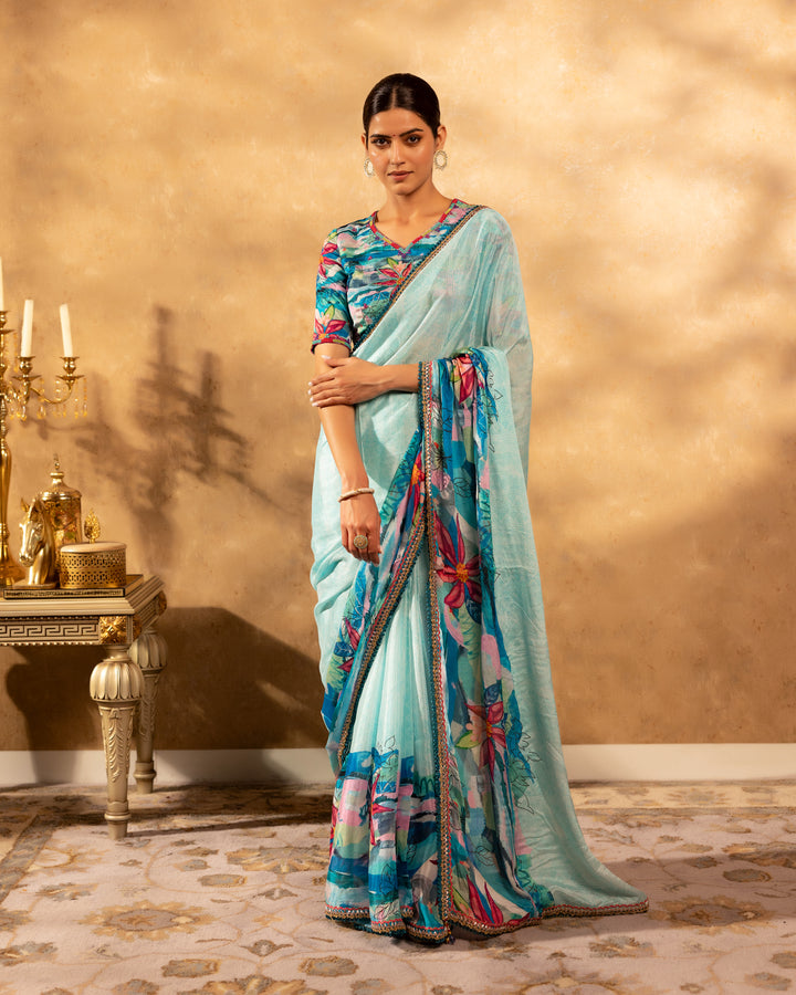 Floral Blue Chinnon Saree