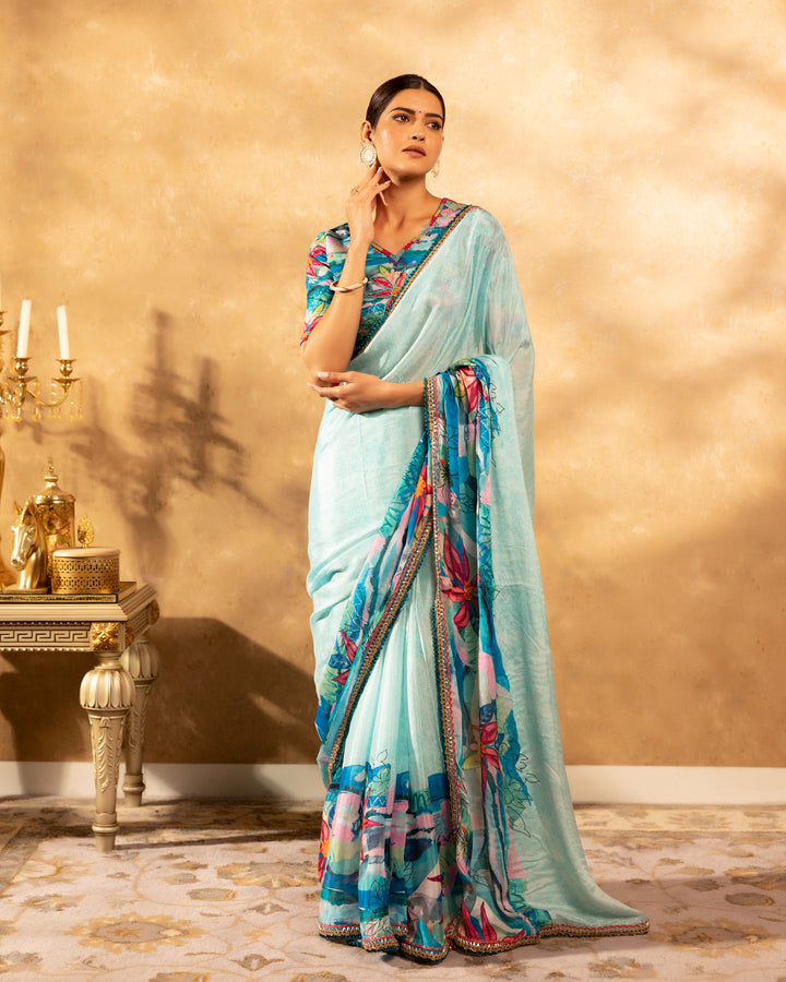 Floral Blue Chinnon Saree