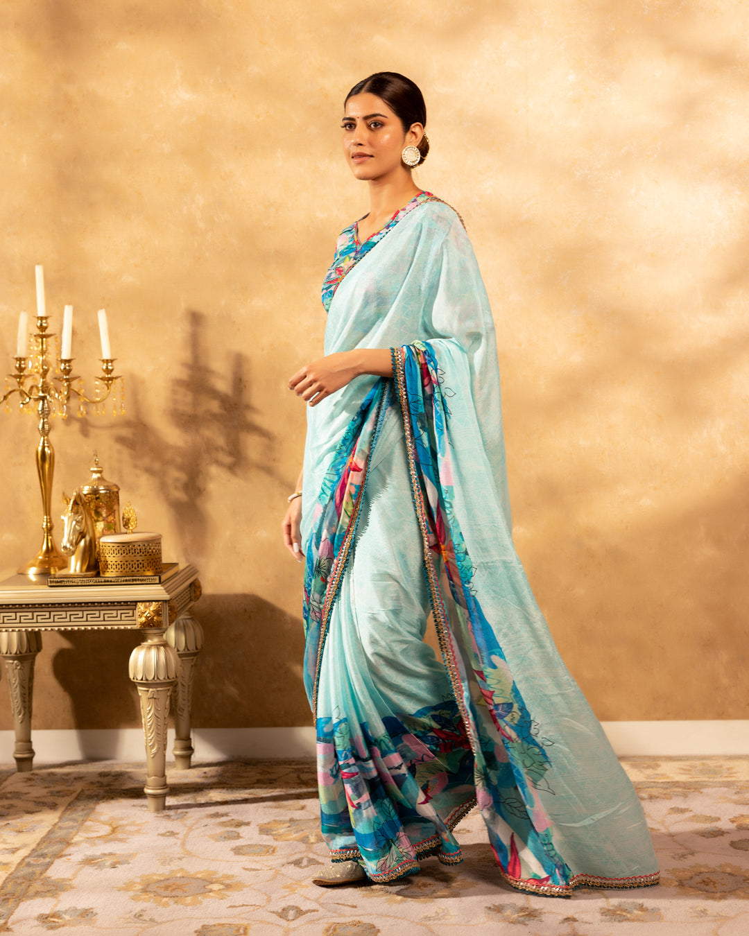 Floral Blue Chinnon Saree