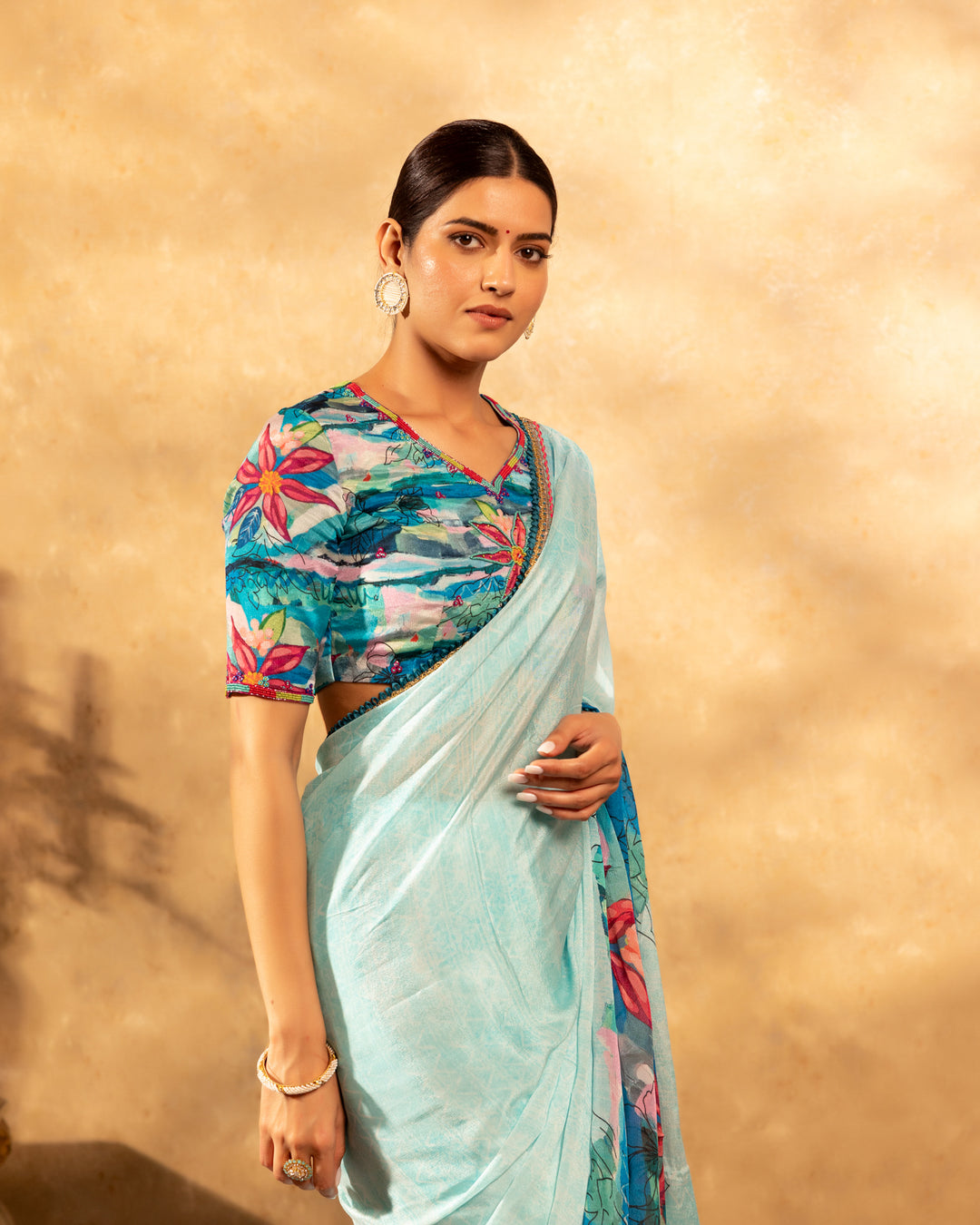 Floral Blue Chinnon Saree