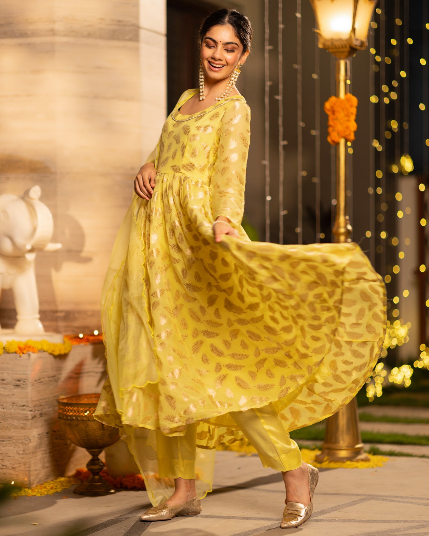 slim fit dress slacks Yellow Chanderi Jacquard Anarkali Suit Set L main image 0