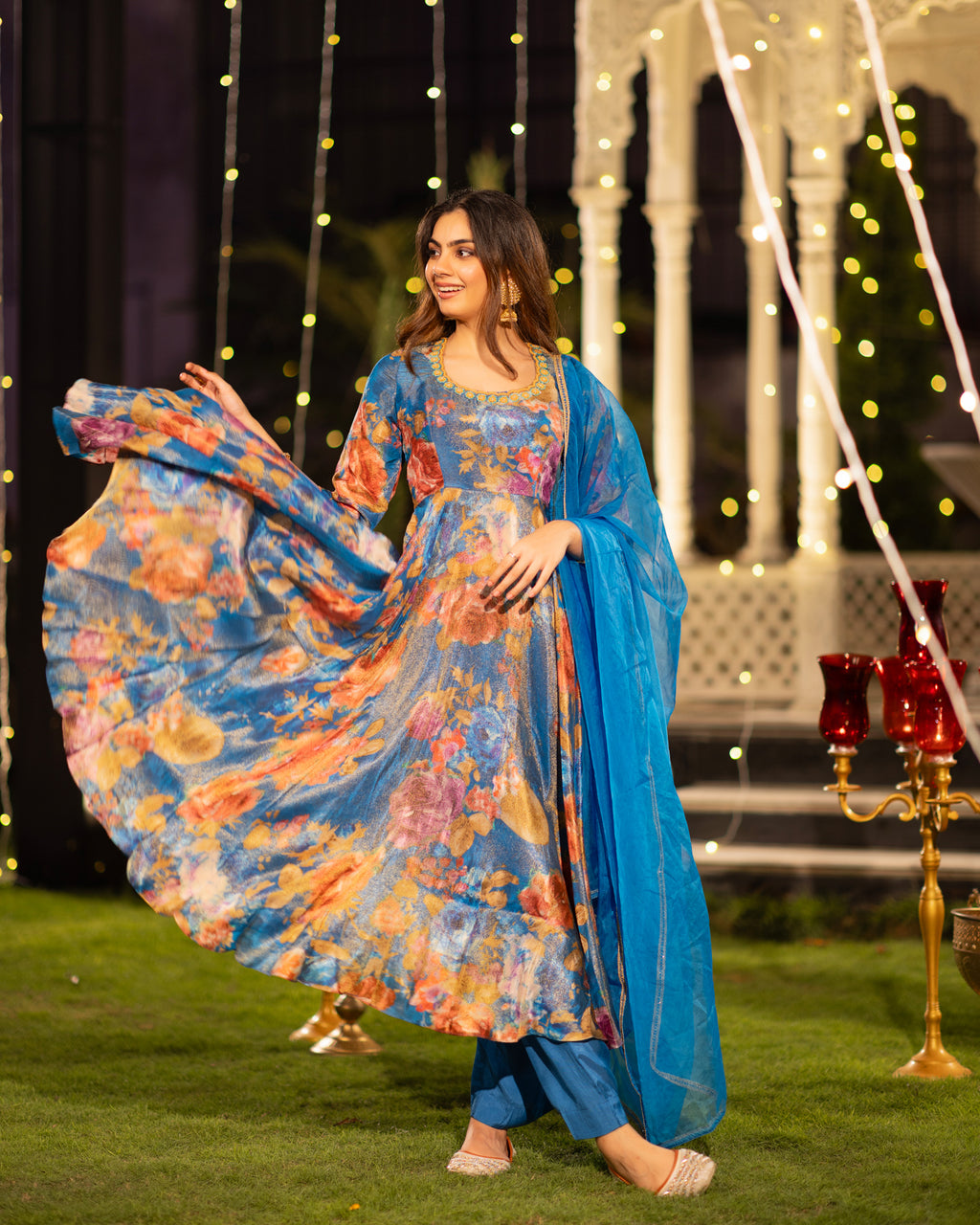 Blue Floral Print Umbrella Suit Set – Ambraee