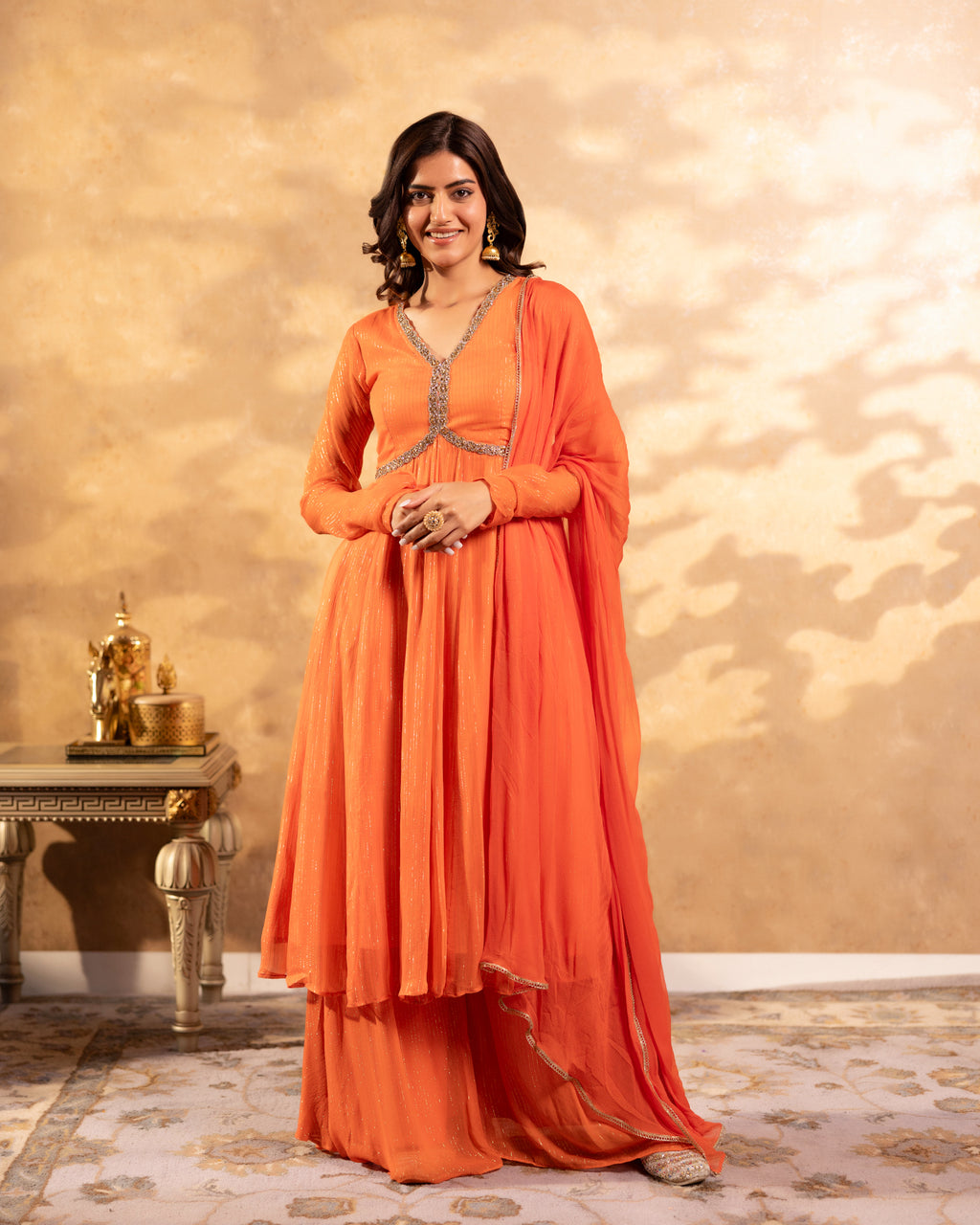 Shimmer Orange Sharara Suit Set