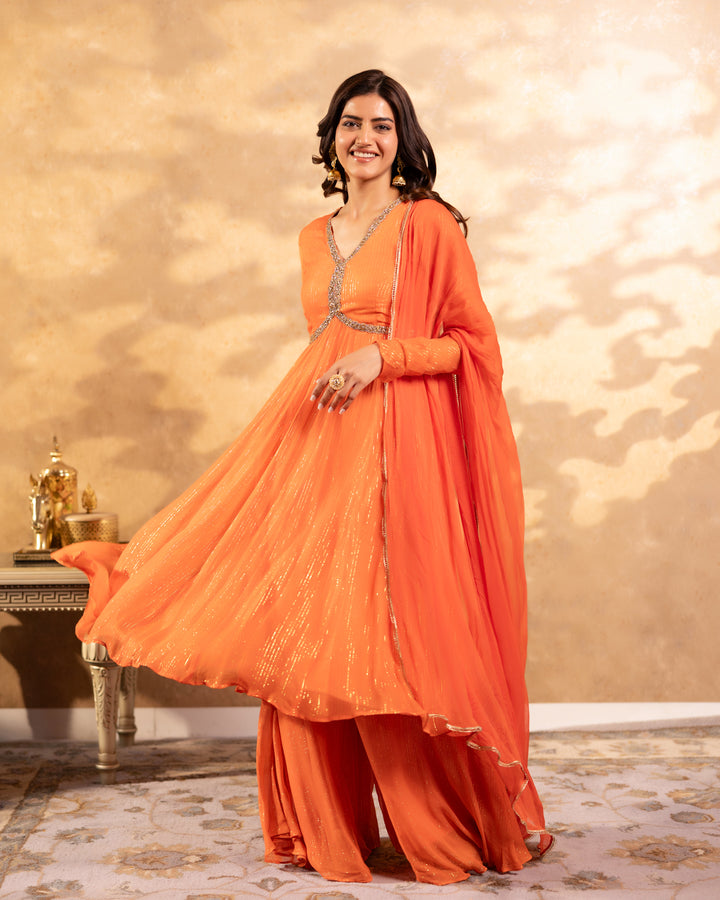 Shimmer Orange Sharara Suit Set