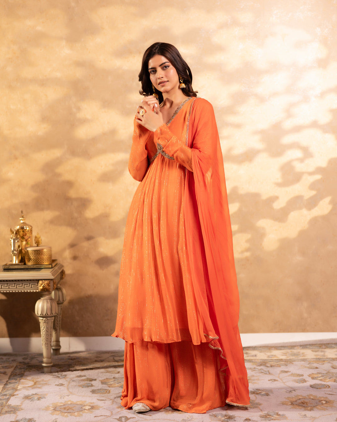 Shimmer Orange Sharara Suit Set