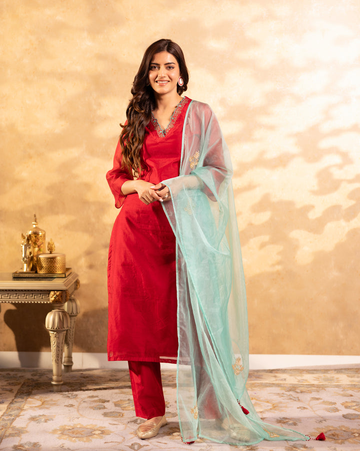 Scarlet Red Chanderi Suit Set