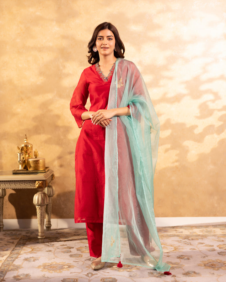 Scarlet Red Chanderi Suit Set