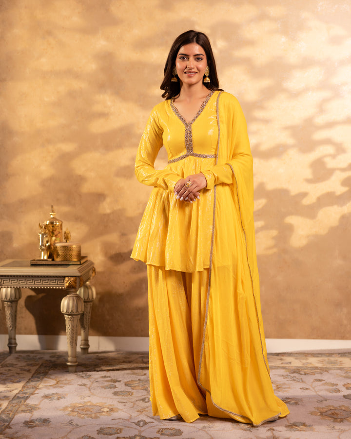 Shimmer Yellow Tissue Sharara Set