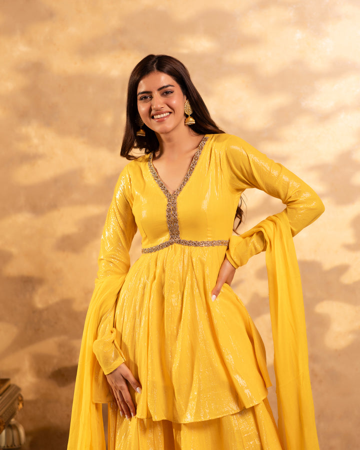 Shimmer Yellow Tissue Sharara Set