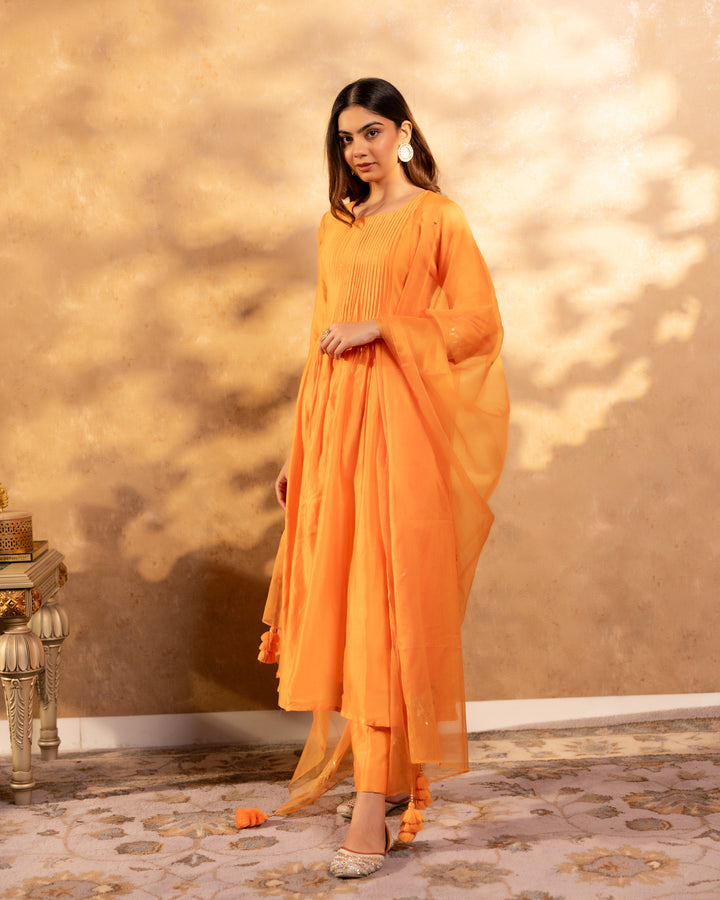 Bright Orange Chanderi Suit Set