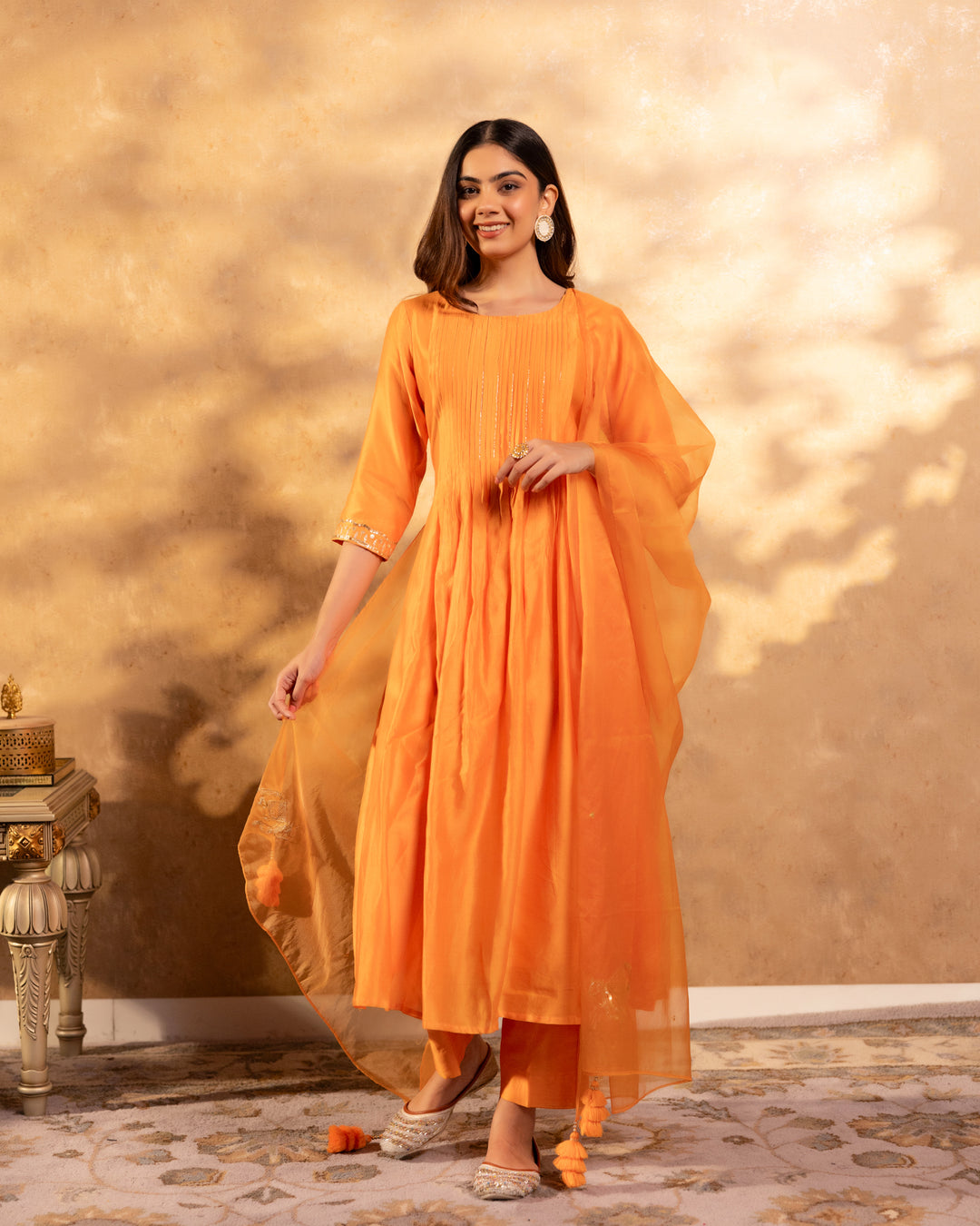 Bright Orange Chanderi Suit Set