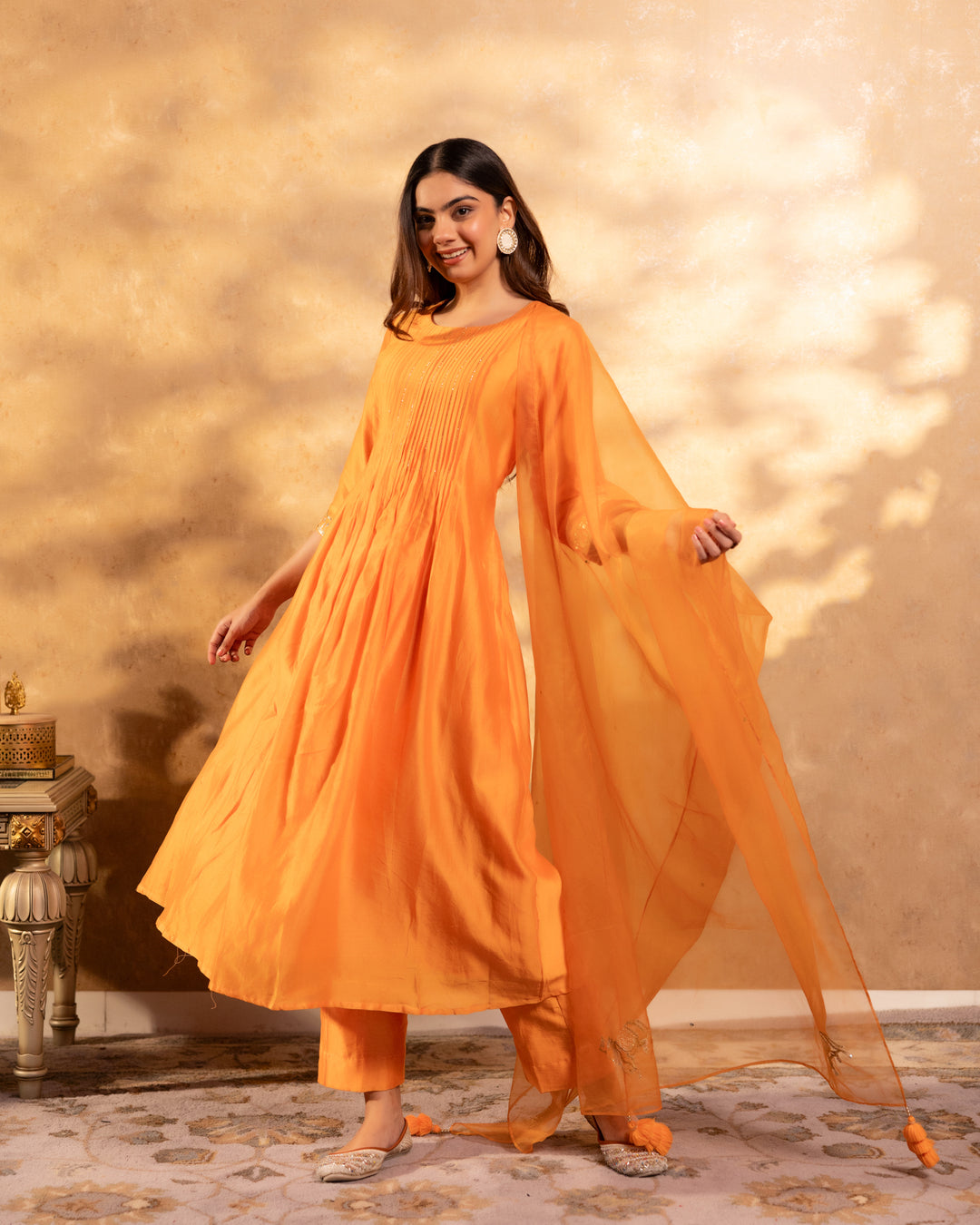 Bright Orange Chanderi Suit Set