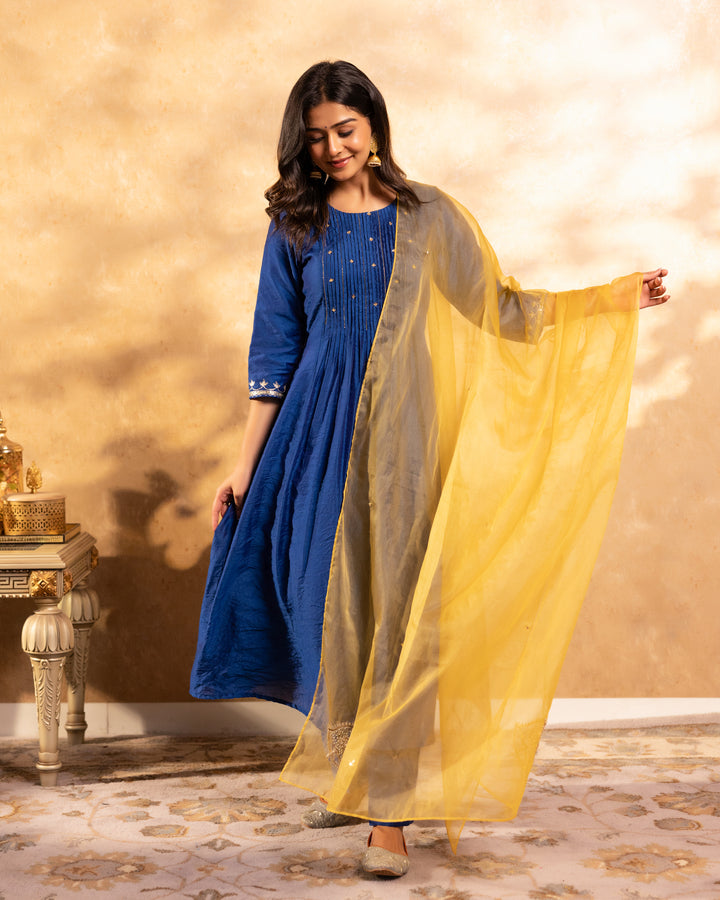 Navy Blue Chanderi Suit Set